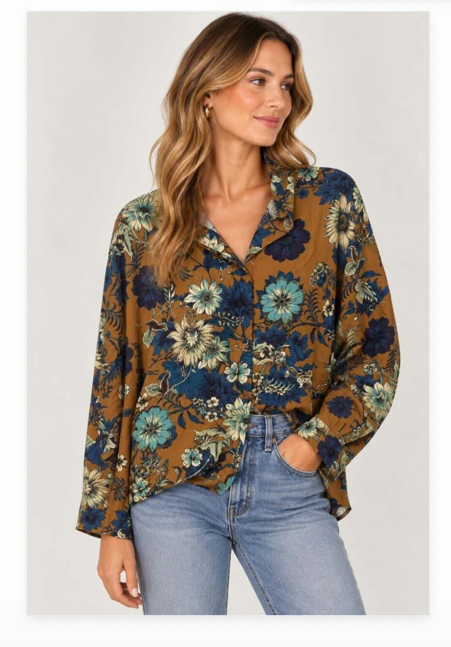 Bryn Walker Shirt Womens 2X Brown Floral Button Up Long Sleeve Fall Casual USA